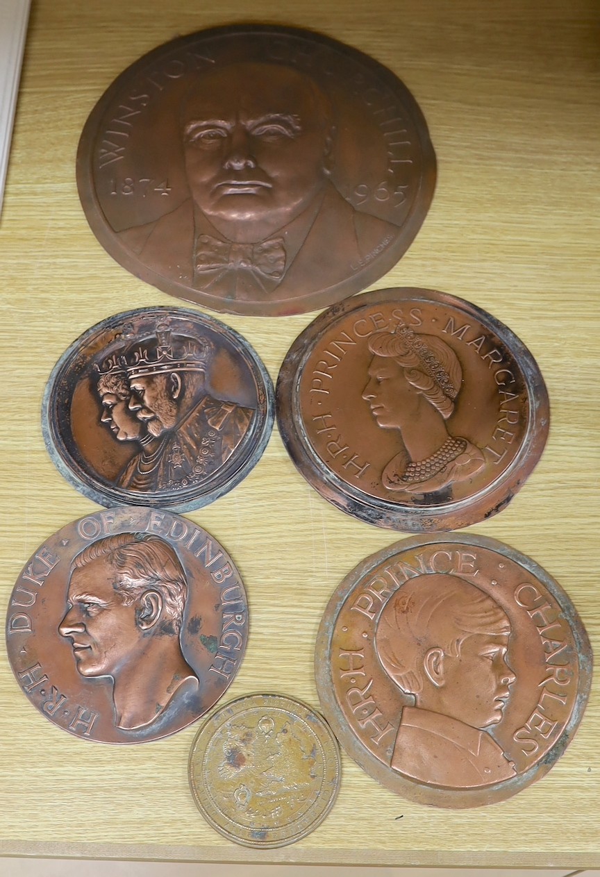 A group of six various cast copper or bronze medallion roundels. Largest 28cm diameter